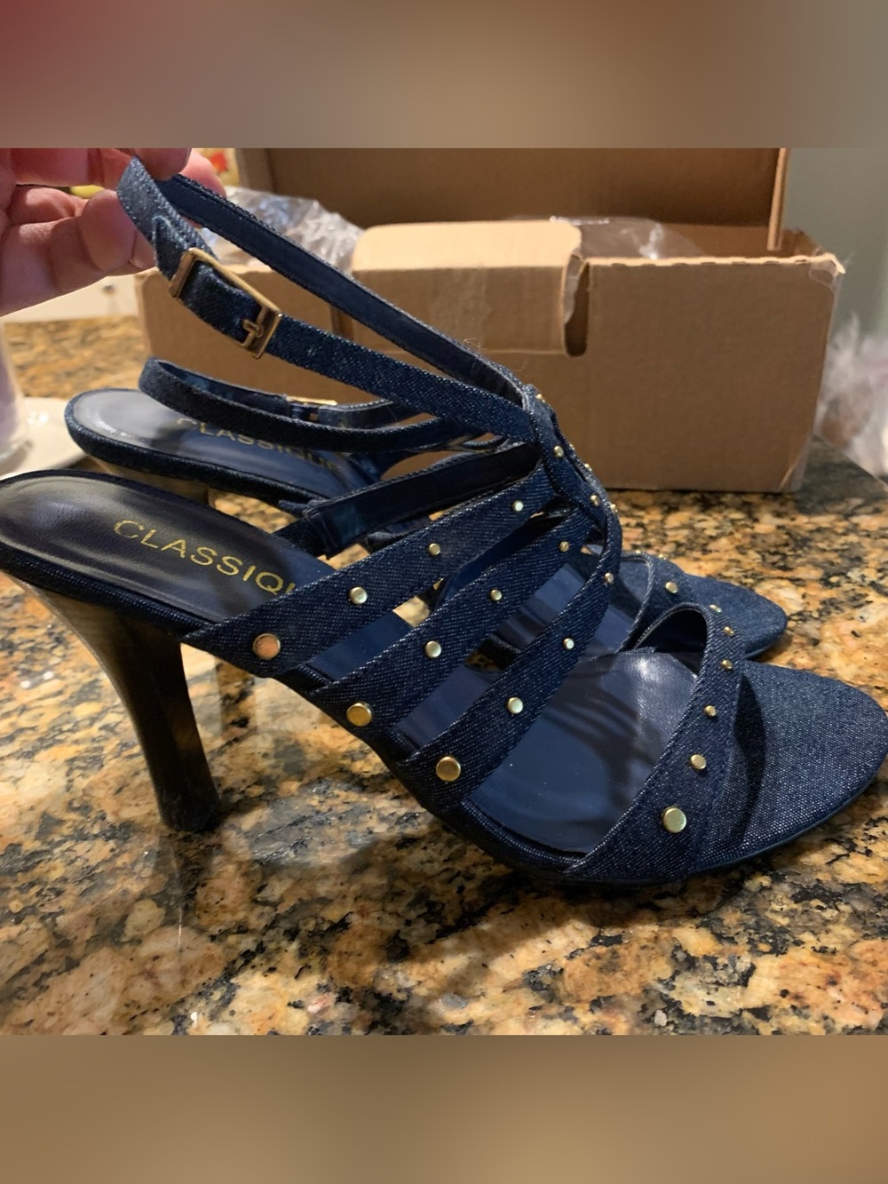 Navy Denim Studded Strappy Y2K Heels for Women